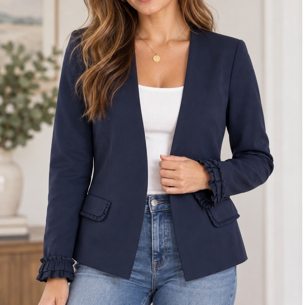 Adrienne Vittadini Navy Blue Open Front Ruffle Cuff Blazer Jacket Womens XS